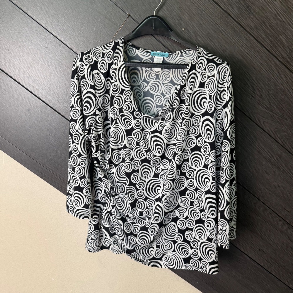 Double Click Women's Y2K Abstract Ruched Drape Neck Top XL Black White Office